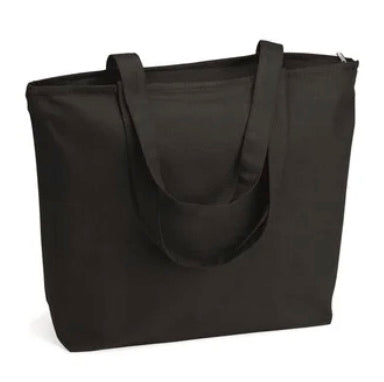 Large canvas tote bag with zippered closer. Sample shown in Black.