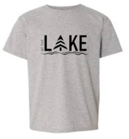 Youth t-shirt in sport grey ,90/10 cotton/polyester. Unisex Youth sizing. Black HTV logo reads AT THE LAKE.