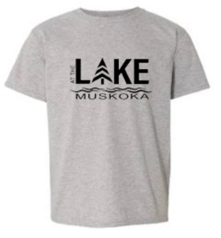 Youth t-shirt in sport grey ,90/10 cotton/polyester. Unisex Youth sizing. Black HTV logo reads AT THE LAKE MUSKOKA.