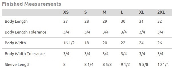 Sizing chart for unisex t-shirts.