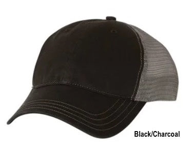 100% cotton front, 100% nylon mesh back Unisex, super-soft, unstructured, low-profile, six panel construction Snapback closure Pre-curved peak. black front wth charcoal mesh back.