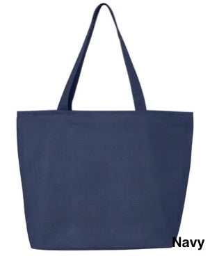 Large canvas tote bag with zippered closure. Sample shown in Navy