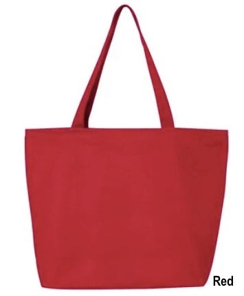 Large canvas tote bag with zippered closure. Sample shown in Red.