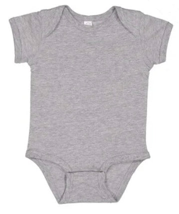 Infant onesie. 90/10 combed ringspun cotton/polyester fine jersey Three-snap closure Unisex style Heather grey.