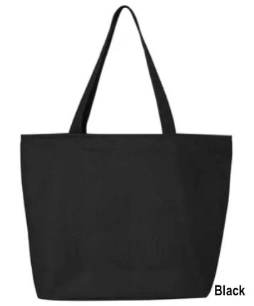 Large canvas tote bag with zippered closer. Sample shown in Black.