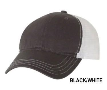 100% cotton front, 100% nylon mesh back Unisex, super-soft, unstructured, low-profile, six panel construction Snapback closure Pre-curved peak. Black front with white mesh back.