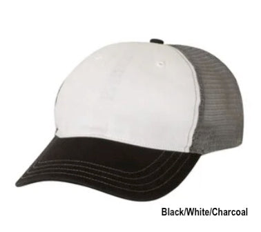 100% cotton front, 100% nylon mesh back Unisex, super-soft, unstructured, low-profile, six panel construction Snapback closure Pre-curved peak.Black/white front with charcoal mesh back.
